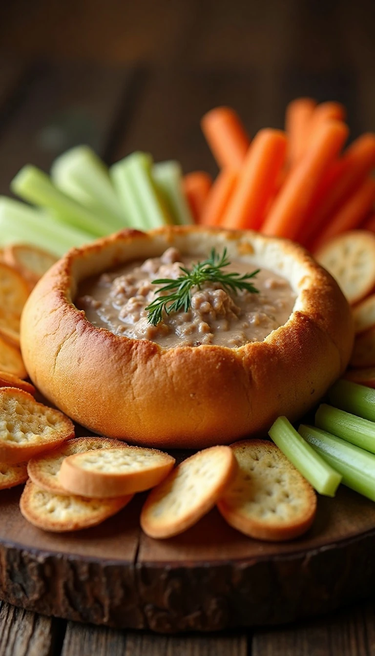 Easy Creamy Dried Beef Dip in a Bread Boat Recipe