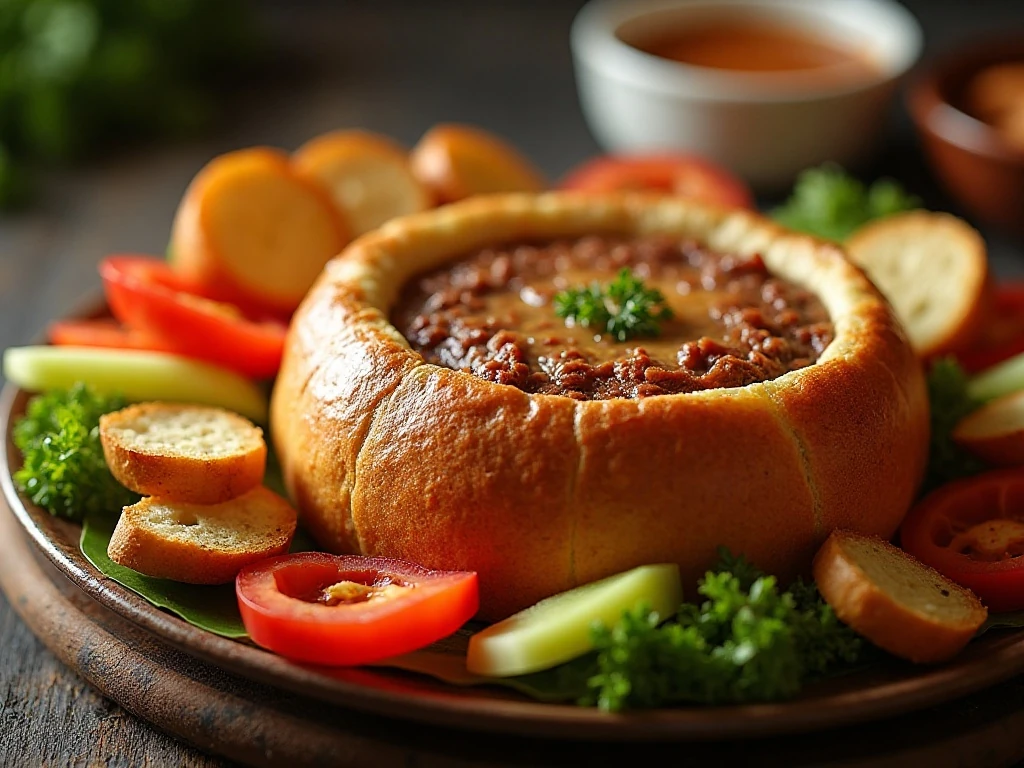 Creamy dried beef dip served in a round bread boat with toasted bread cubes