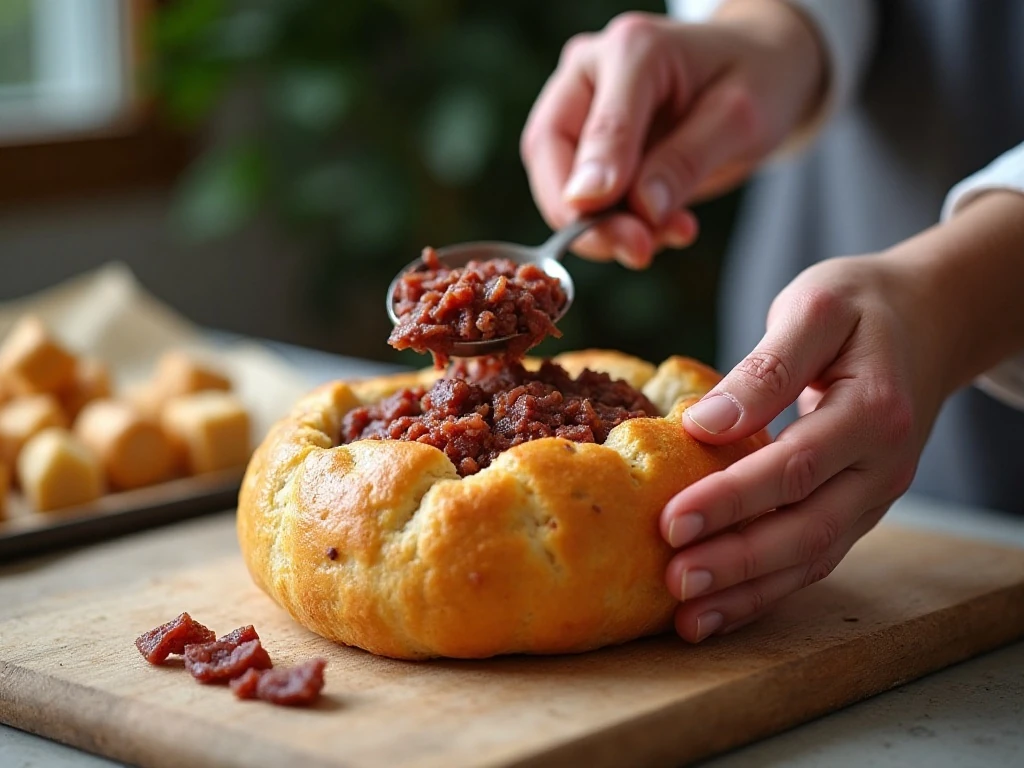 Preparing creamy dried beef filling inside a hollow bread loaf