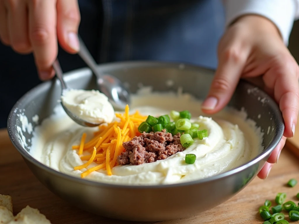 Smooth cream cheese dip mixture with dried beef and green onions