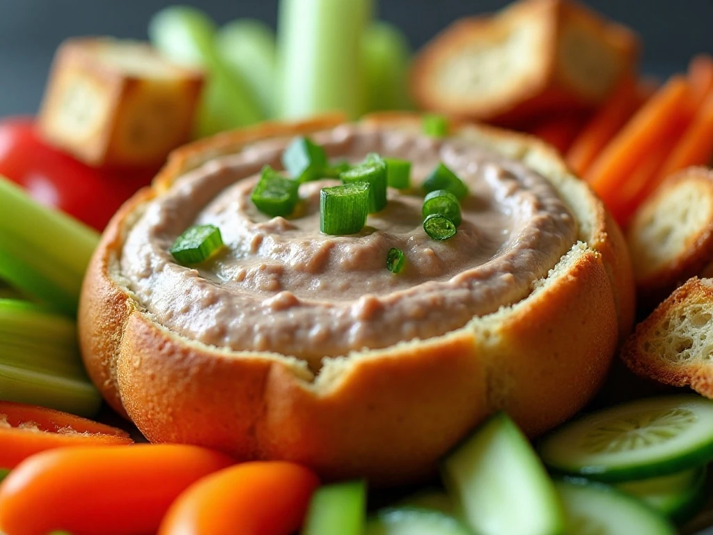 Bread boat dip surrounded by crackers and fresh vegetable dippers
