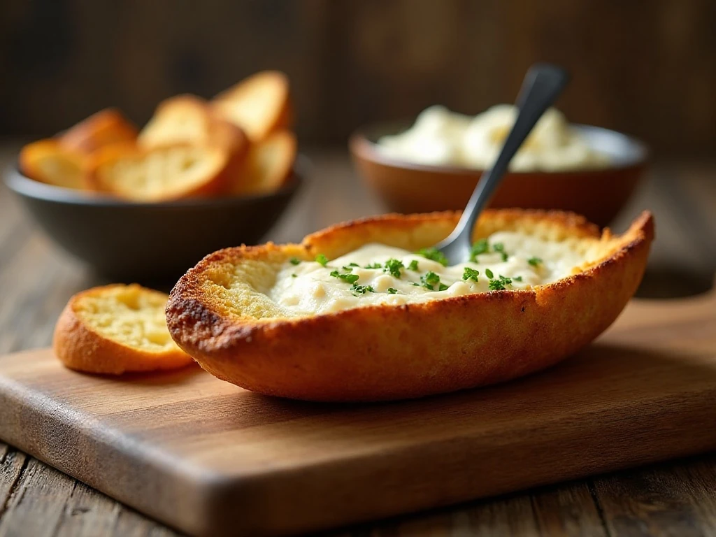 Warm bread boat dip ready for serving with toasted bread cubes