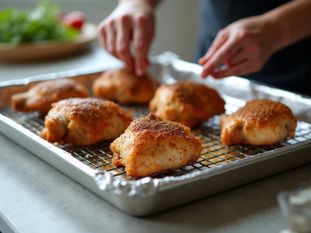 Seasoned chicken thighs arranged on a baking rack before roasting