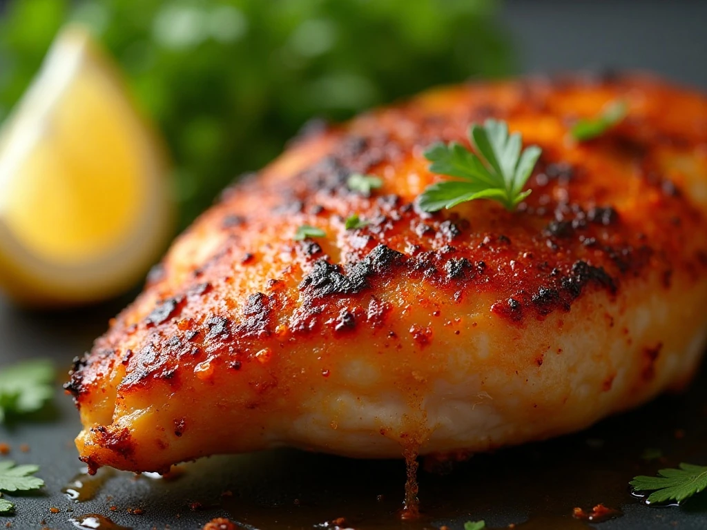 Close-up of crispy seasoned chicken skin