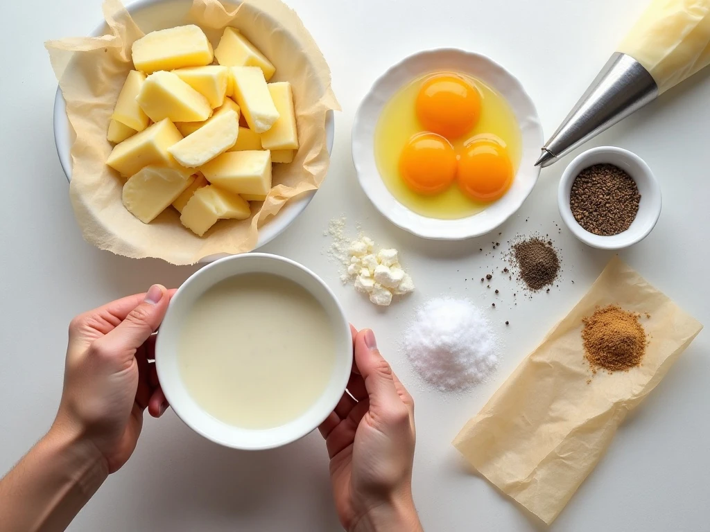 Ingredients for easy Duchess potatoes arranged on a counter