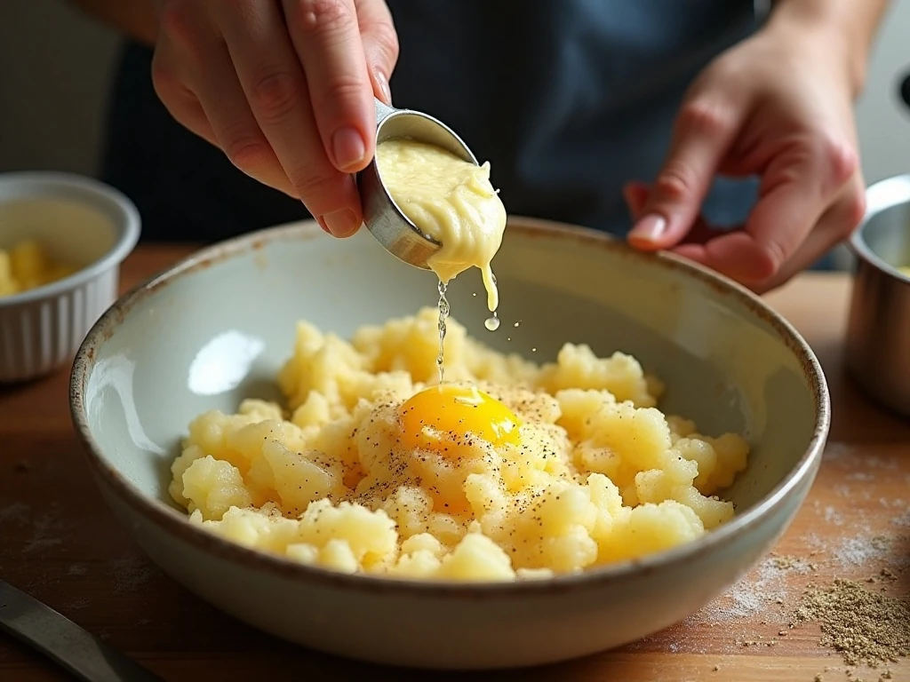 Preparing the creamy potato mixture for Duchess potatoes
