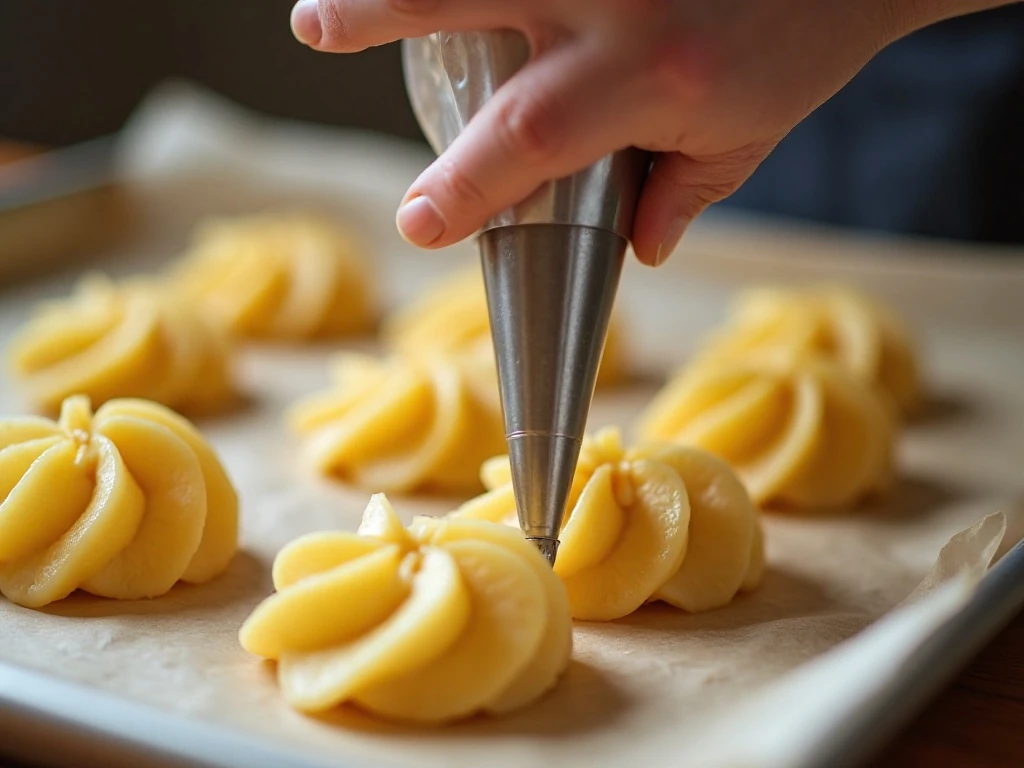 Piping Duchess potato rosettes onto a baking sheet