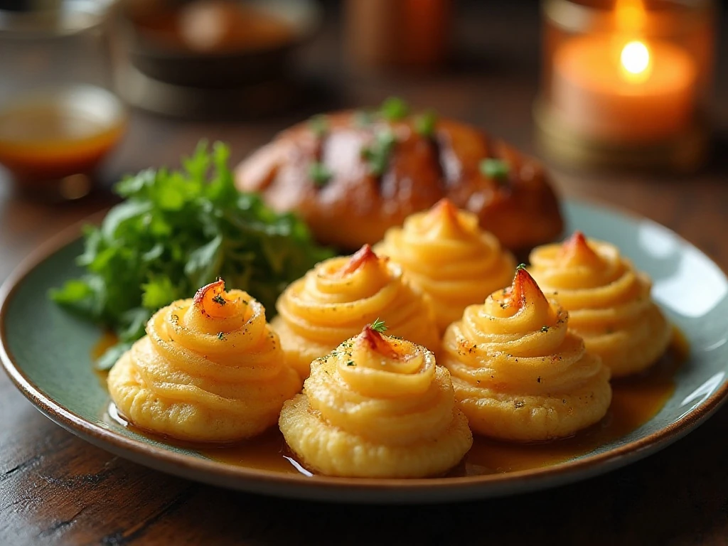 Duchess potatoes served as an elegant dinner side dish