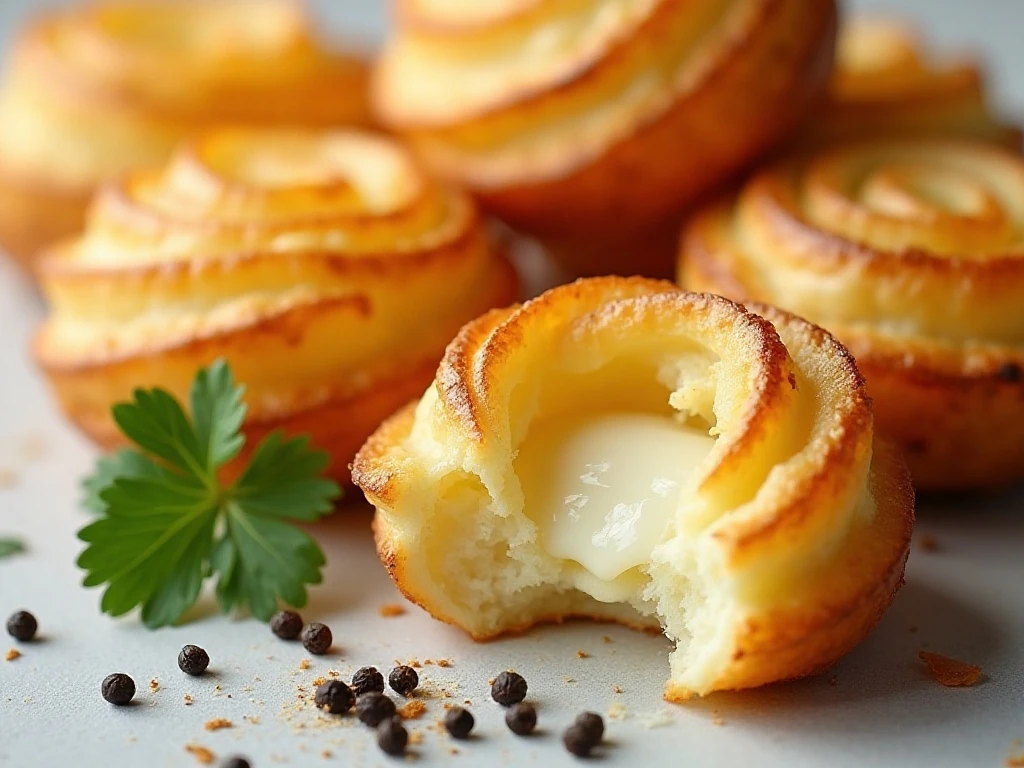 Close-up of crisp golden Duchess potato rosettes