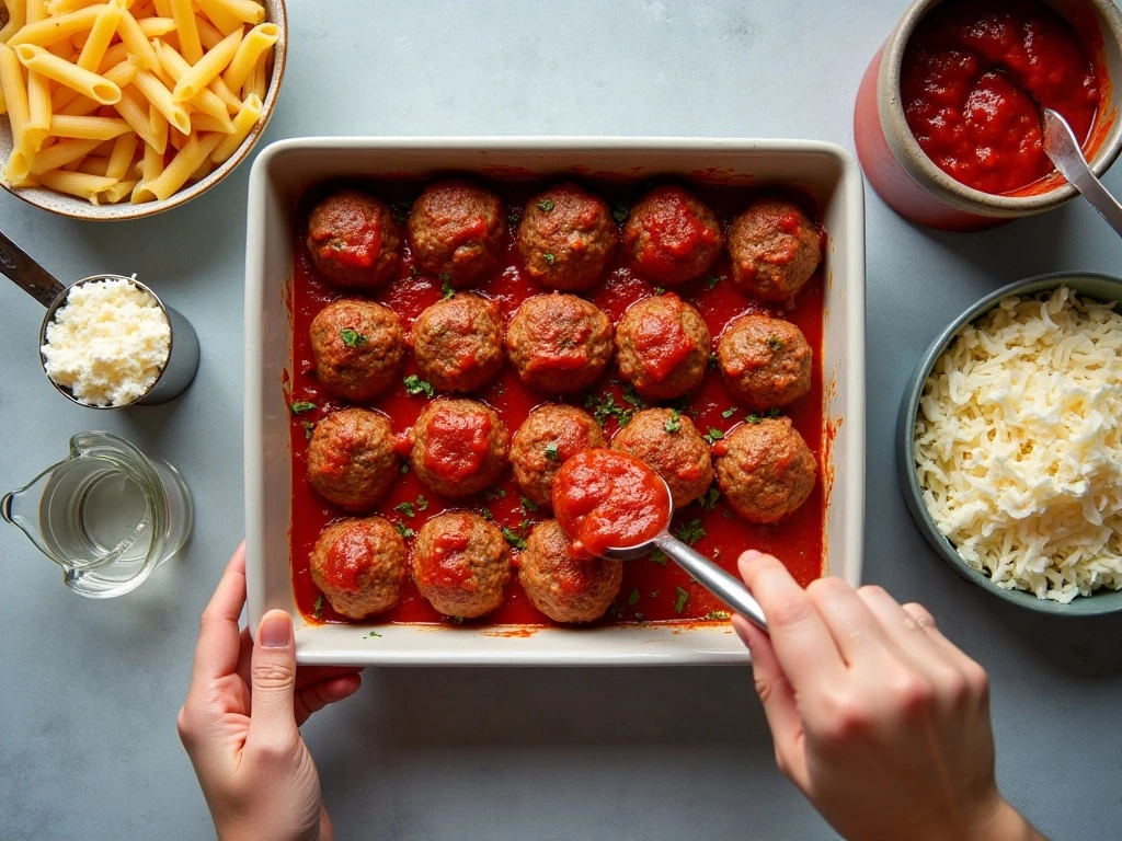 Ingredients for easy dump and bake meatball casserole arranged beside a baking dish
