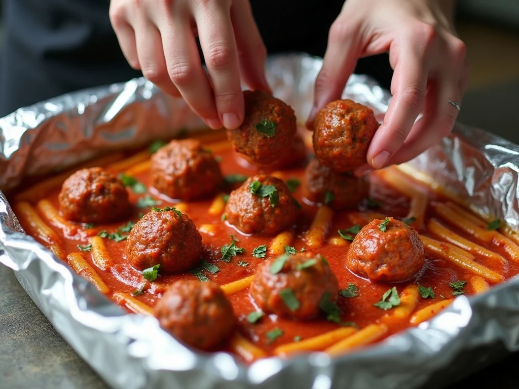 Frozen meatballs arranged over pasta and marinara before covering the casserole