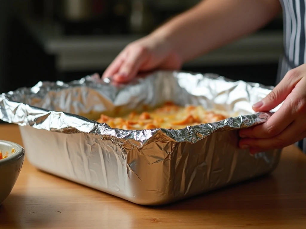 Baking dish tightly sealed with aluminum foil to cook the pasta