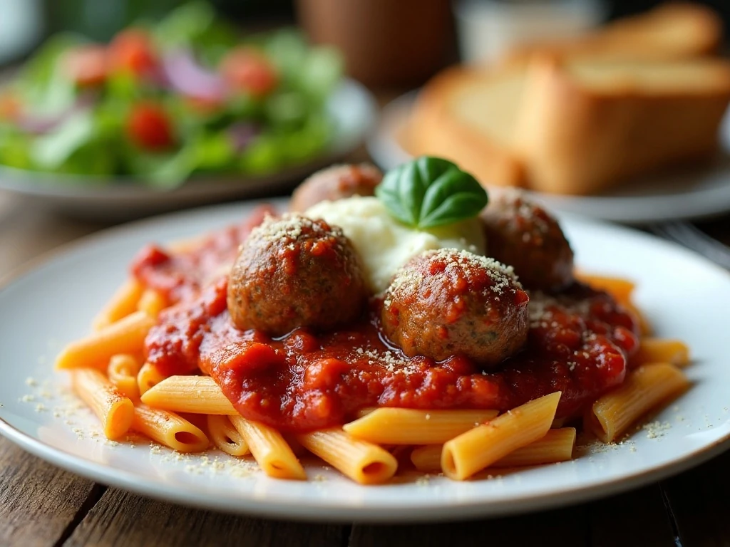 Serving of cheesy meatball pasta casserole with garlic bread and salad