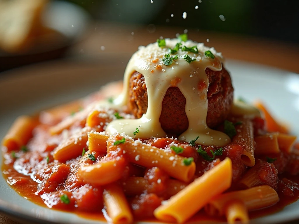Close-up of melted mozzarella, marinara pasta, and meatball casserole