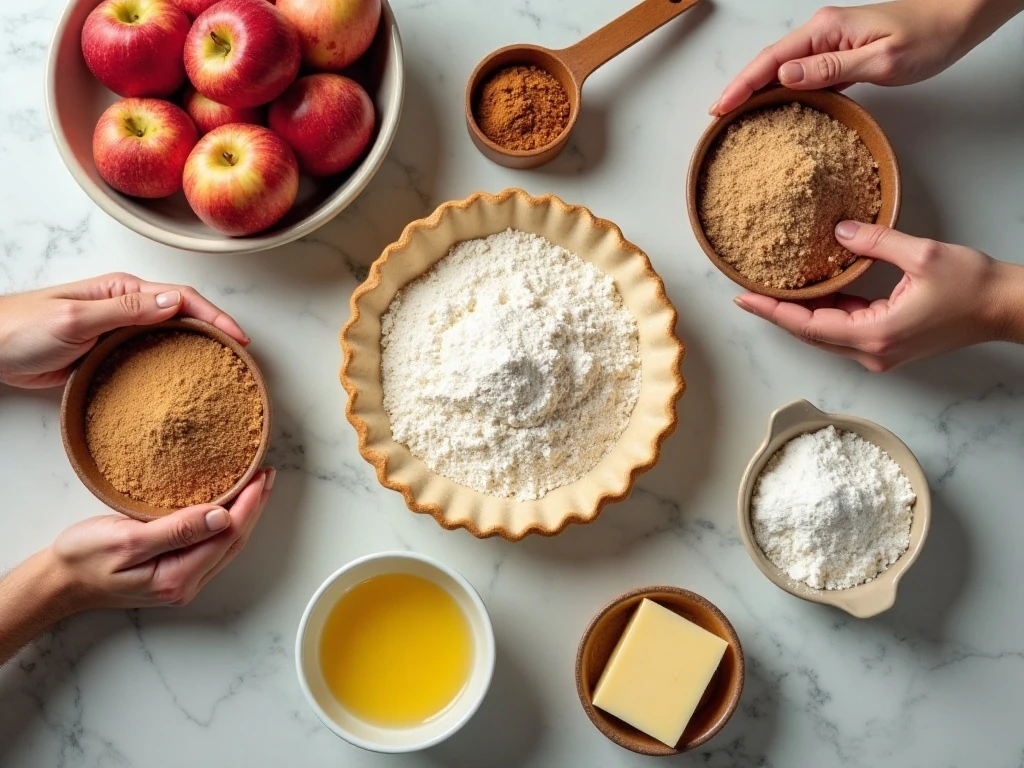 Ingredients for Dutch apple pie arranged on a counter