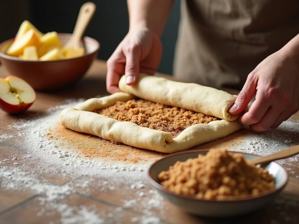 Preparing pastry, apple filling, and streusel for Dutch apple pie