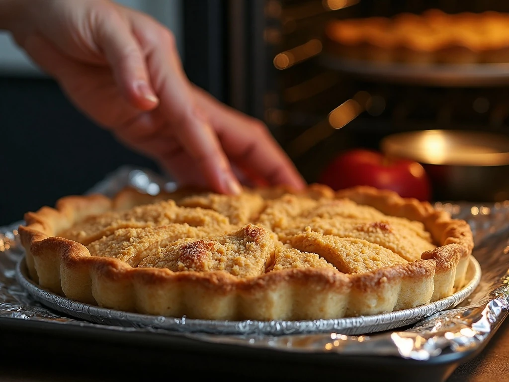 Dutch apple pie baking with a protected crust edge