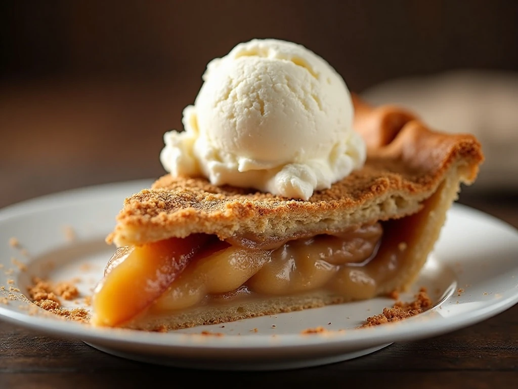 Dutch apple pie slice served with vanilla ice cream
