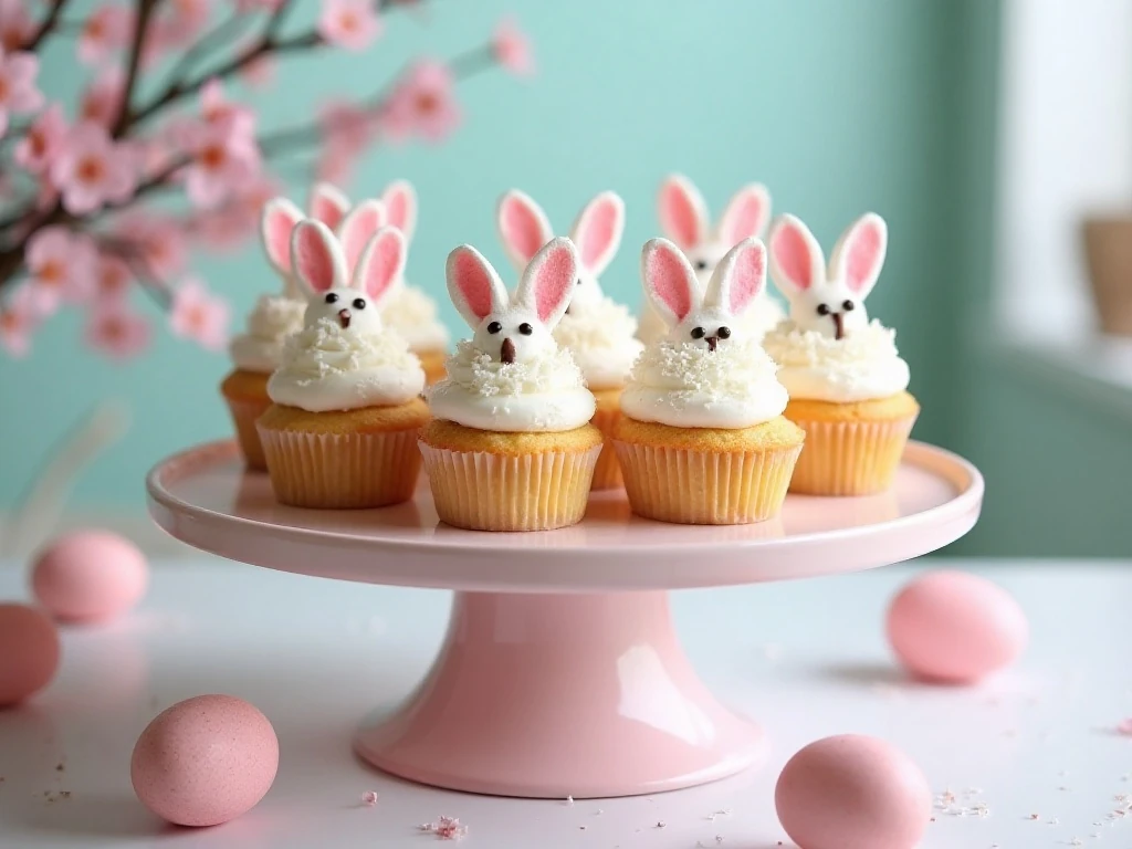 Adorable Easter bunny cupcakes arranged on a pastel dessert table