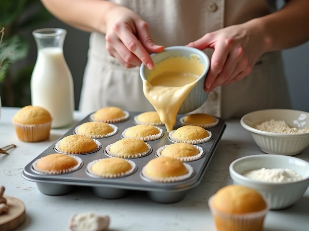 Vanilla cupcake batter being divided into a lined muffin pan