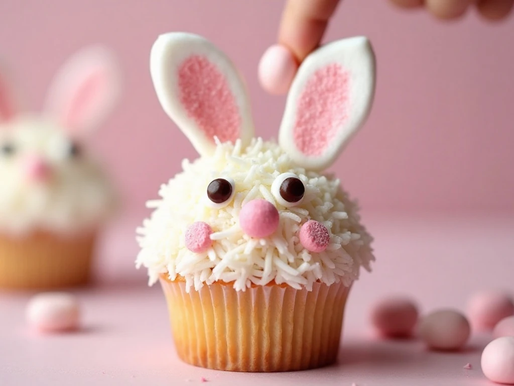 Close-up of marshmallow ears and candy details on an Easter bunny cupcake