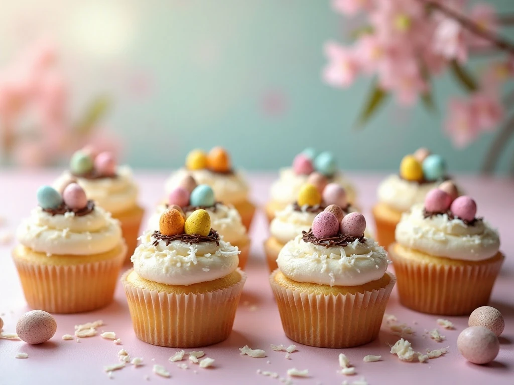Finished Easter egg coconut cupcakes arranged for a spring dessert table