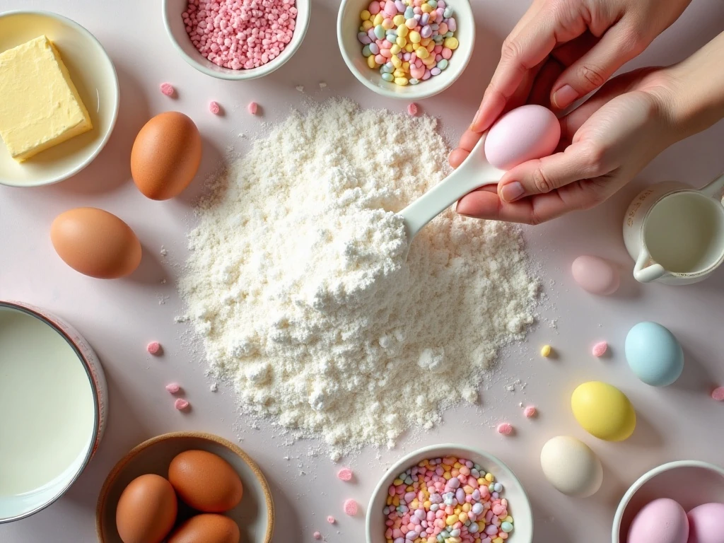 Ingredients for coconut cupcakes, buttercream, and Easter egg decoration