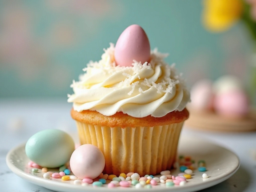 Chocolate Easter egg nestled in coconut cupcake frosting