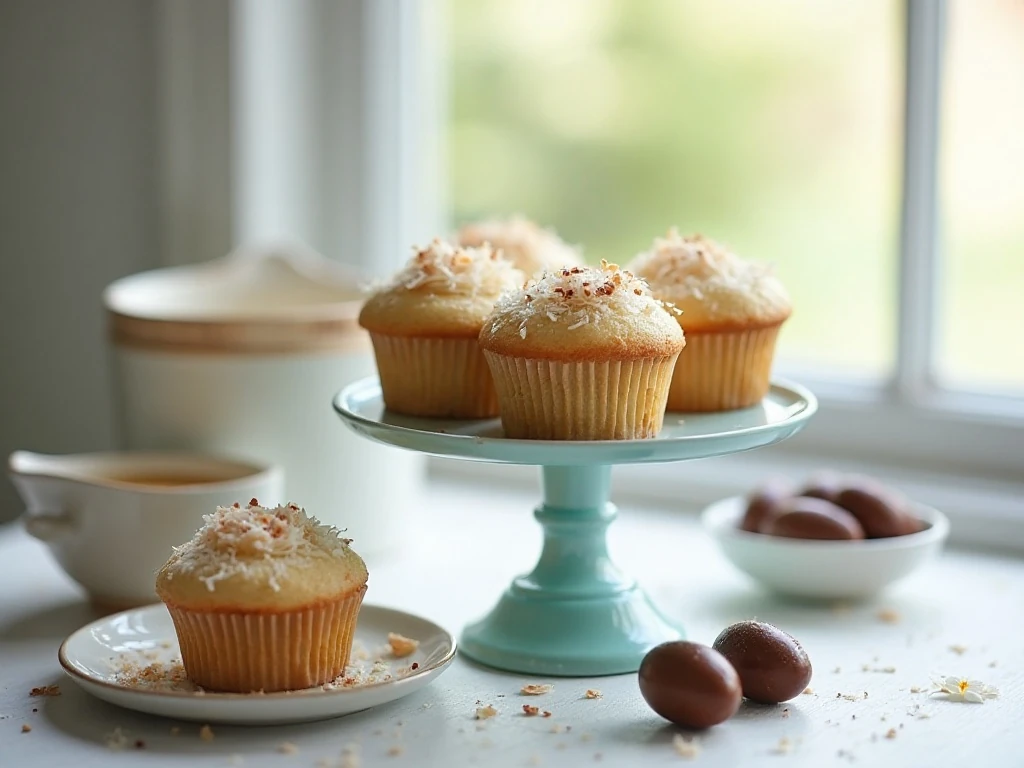 Coconut cupcakes displayed on a pastel cake stand