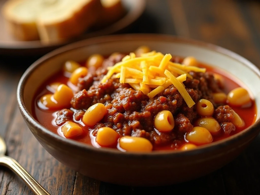Bowl of comforting classic American goulash with macaroni and ground beef
