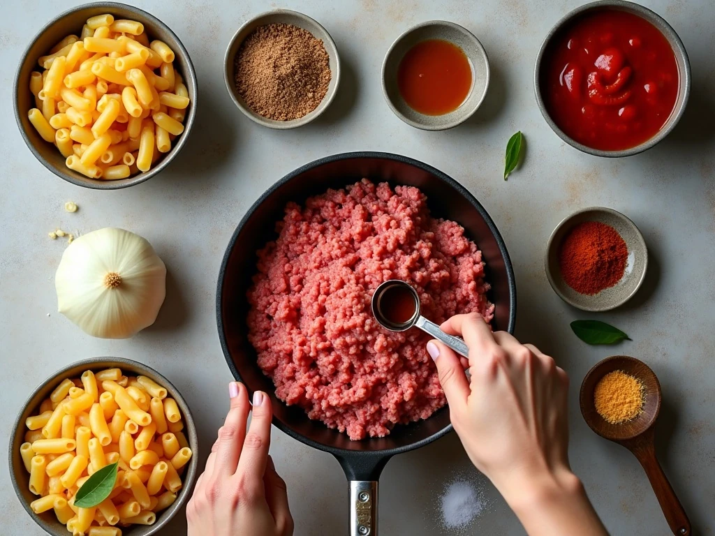 Ingredients for one-pan classic American goulash