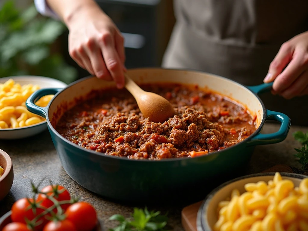 Cooking ground beef and onion for American goulash in a Dutch oven