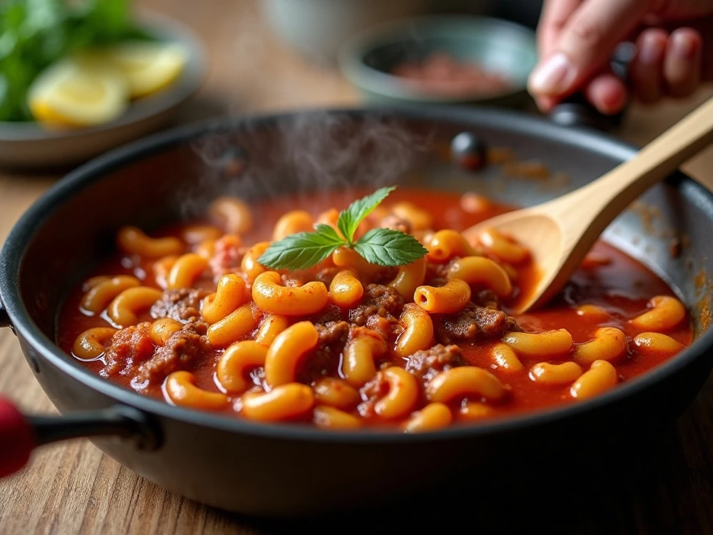 Elbow macaroni simmering in tomato beef sauce for goulash