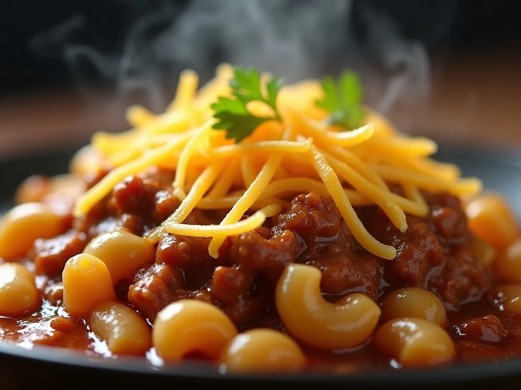 Shredded cheddar melting over a serving of American goulash