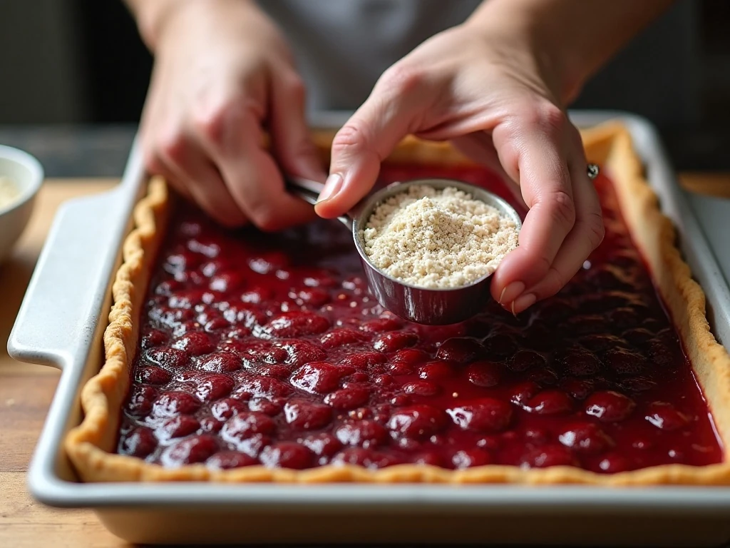 Layering cherry pie filling and dry cake mix for dump cake