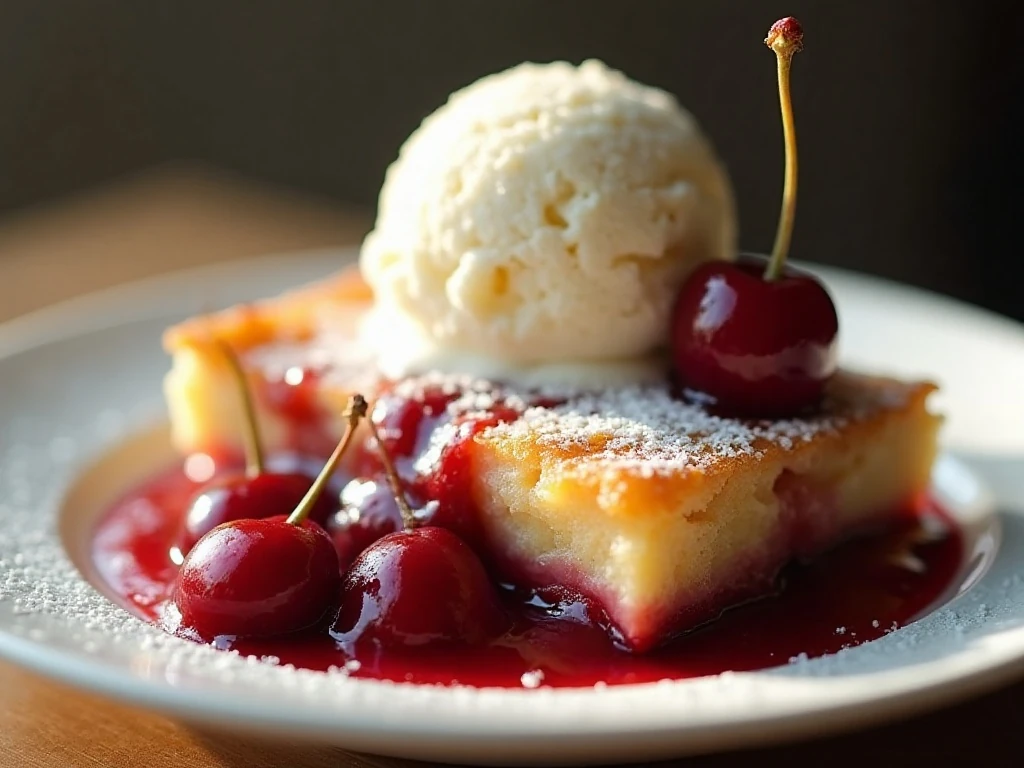 Cherry dump cake served warm with vanilla ice cream