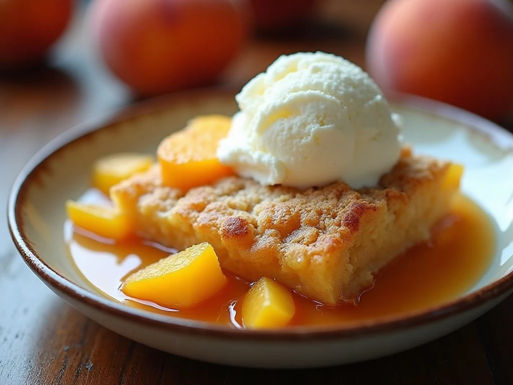 Warm four-ingredient peach cobbler with vanilla ice cream