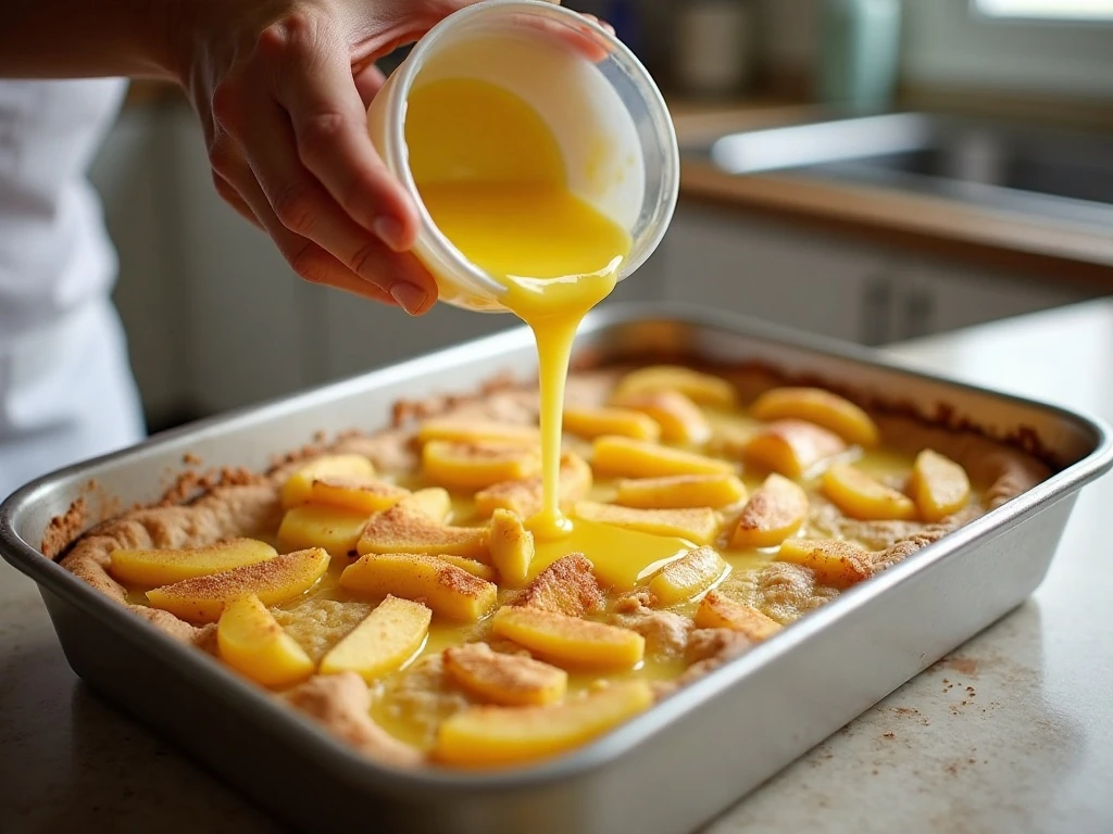 Drizzling melted butter over peach cobbler layers