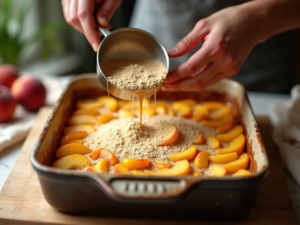 Layering peaches and cake mix for peach cobbler