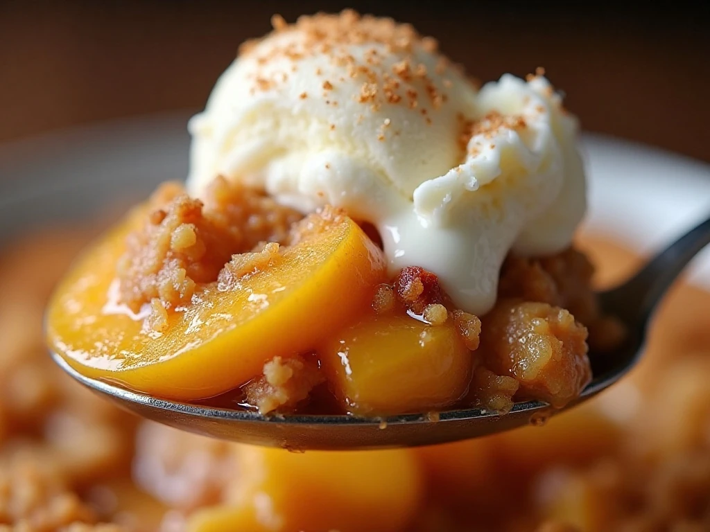 Peach cobbler topped with melting vanilla ice cream