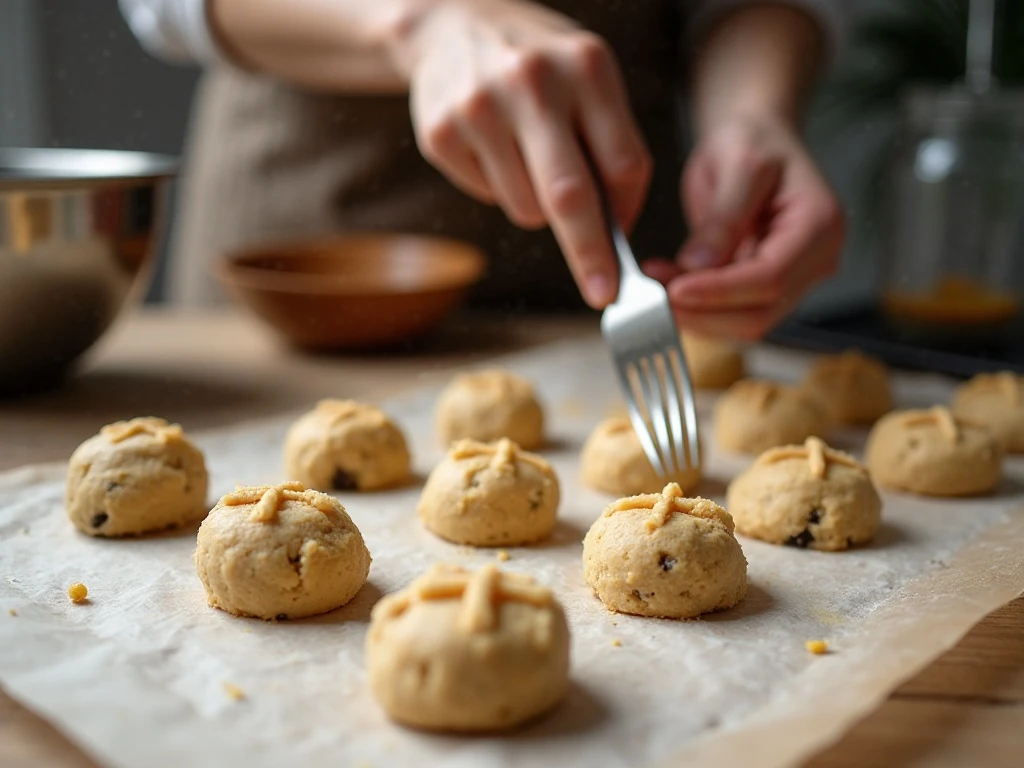 Pressing peanut butter cookie dough with a fork