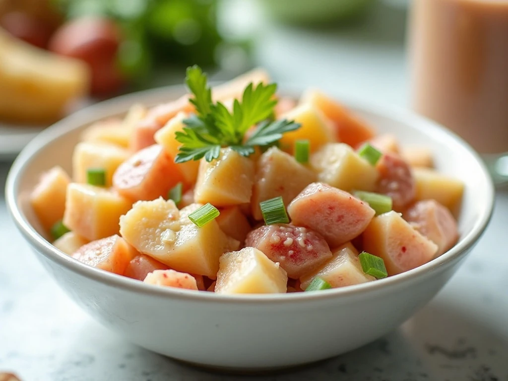 Creamy red potato salad with red skins, celery, and green onion