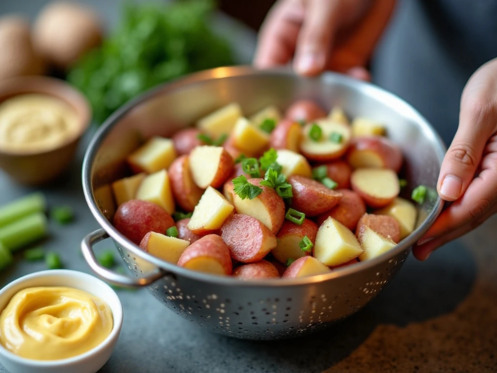 Tender red potatoes cooling before the dressing is added