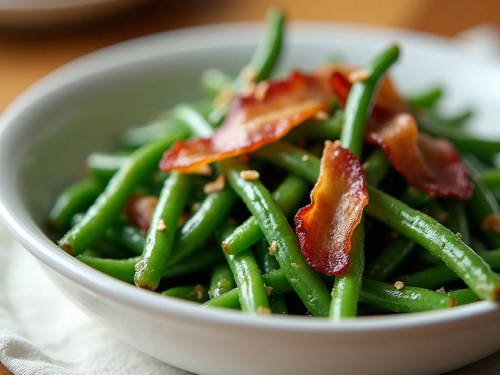 Air fryer green beans with bacon served hot in a bowl