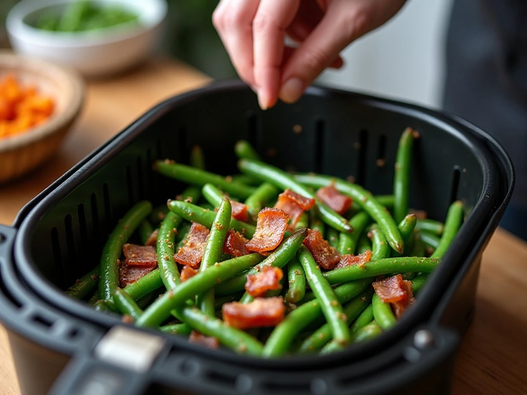 Seasoned green beans and bacon arranged in an air fryer basket