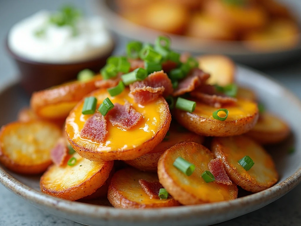 Crispy loaded air fryer potato slices with cheddar, bacon, green onions, and sour cream