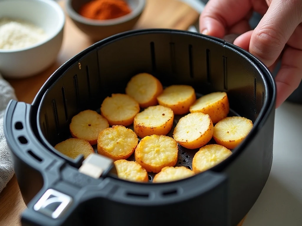 Potato slices spaced in a single layer for air frying