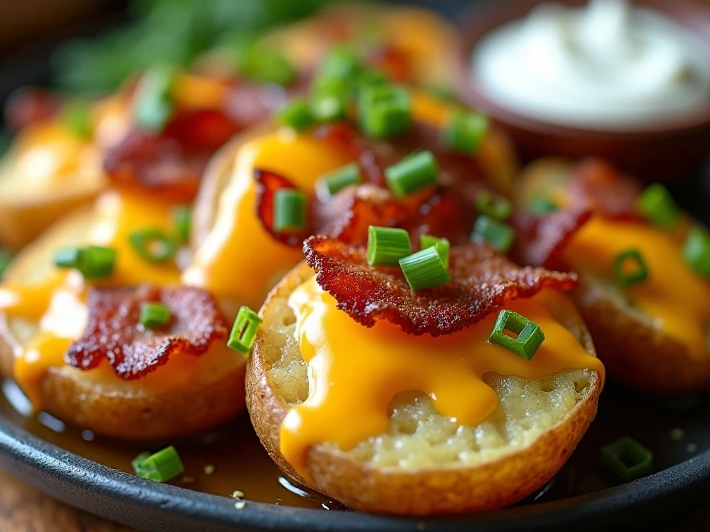 Close-up of cheese and bacon topped air fryer potato slices with fresh herbs