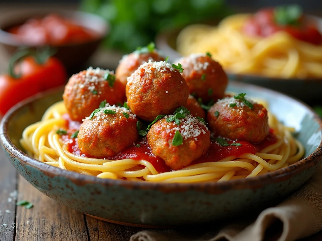 Tender air fryer meatballs served with marinara and spaghetti