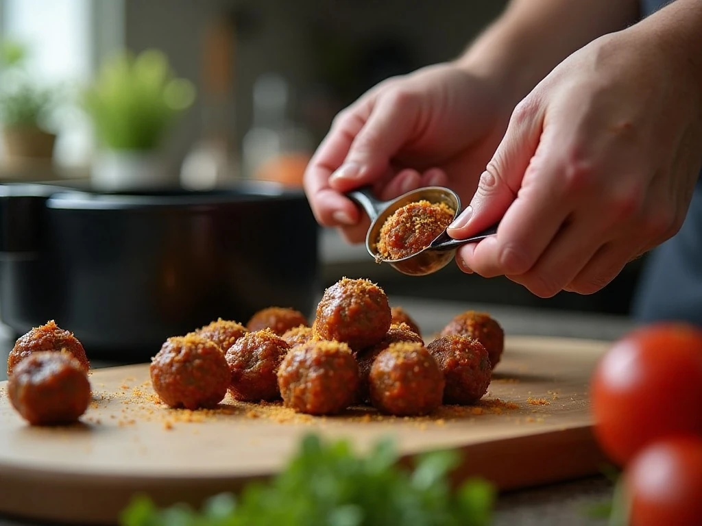 Shaping seasoned beef mixture into air fryer meatballs
